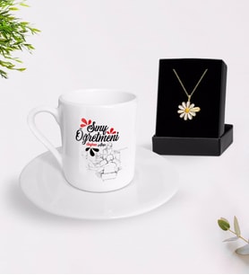 BK Gift Kişiye Özel Sınıf Öğretmeni Türk Kahvesi Fincanı ve İsimli Papatya Kolye Hediye Seti-12 (Model 1)