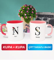 İkili Kişiye Özel Baş Harf ve İsim Yazılı Kupa Bardak Kırmızı Pembe