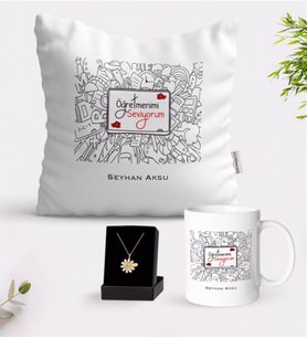 BK Gift Kişiye Özel Öğretmenimi Seviyorum Beyaz Kupa Yastık ve İsimli Papatya Kolye Hediye Seti-1 (Model 1)