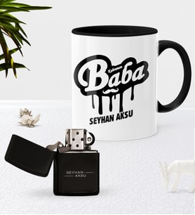 BK Gift Kişiye Özel Kahraman Baba Siyah Kupa Bardak Benzinli Metal Çakmak Seti (Model 1)