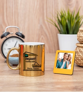 İnşaat Teknolojisi Öğretmeni Gold Kupa Bardak ve Sarı Mini Fotoğraf Çerçevesi