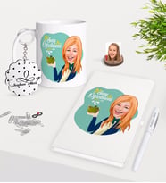 BK Gift Kişiye Özel Bayan Sınıf Öğretmeni Karikatürlü Kupa Anahtarlık Beyaz Defter Kalem Hediye Seti-1 (Model 1)