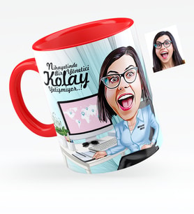 BK Gift Kişiye Özel Bayan Genel Müdür Karikatürlü Kırmızı Kupa Bardak  1
