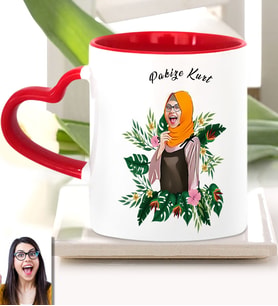 BK Gift Kişiye Özel Türbanlı Karikatürlü Kırmızı Kalpli Kupa Bardak 39755