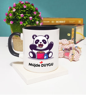 Sevimli Panda Tasarımlı Kişiye Özel Panda Kupa Bardak Siyah