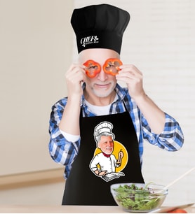 BK Gift Kişiye Özel Bay Chef Karikatürlü Siyah Mutfak Önlüğü Aşçı Şapkası Seti-12