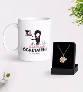 BK Gift Kişiye Özel Matematik Öğretmeni Beyaz Kupa ve Papatya Kolye Hediye Seti-1 (Model 1)