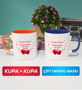 İkili Sevgiliye Sevgililer Günü Hediyesi 6 Kupa Bardak Turuncu Lacivert