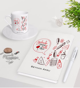 BK Gift Kişiye Özel Öğretmenler Günümüz Kutlu Olsun Beyaz Defter Kalem Türk Kahvesi Fincanı Seti-2 (Model 1)