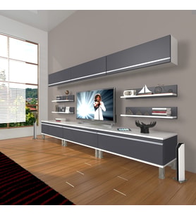 Decoraktiv Eko 8y Mdf Krom Ayaklı Tv Ünitesi Tv Sehpası (Beyaz - Antrasit)