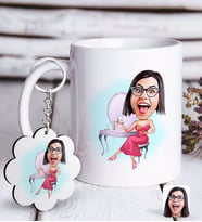 BK Gift Kişiye Özel Bayan Karikatürlü Beyaz Kupa ve Anahtarlık Hediye Seti-23 (Model 1)