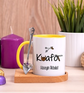 Erkek Kuaförü Ahşap Altlıklı Sarı Kupa Bardak