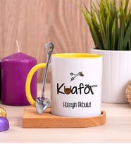 Erkek Kuaförü Ahşap Altlıklı Sarı Kupa Bardak