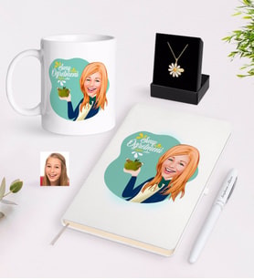 BK Gift Kişiye Özel Bayan Sınıf Öğretmeni Karikatürlü Beyaz Kupa Defter Kalem ve İsimli Papatya Kolye Hediye Seti-1 (Model 1)