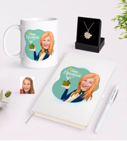 BK Gift Kişiye Özel Bayan Sınıf Öğretmeni Karikatürlü Beyaz Kupa Defter Kalem ve İsimli Papatya Kolye Hediye Seti-1 (Model 1)