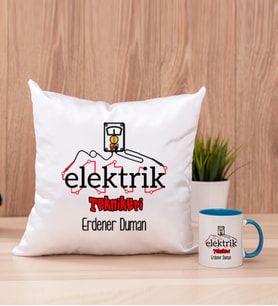 Elektrik Teknikeri Kare Yastık ve Mavi Kupa Bardak