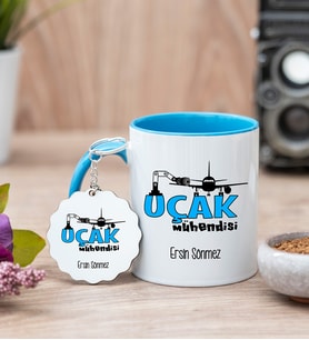Uçak Mühendisi Mavi Kupa Bardak Ve Anahtarlık Set