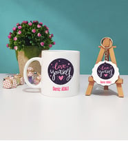 Love Yourself Tasarımlı Kişiye Özel Hediye Kupa Bardak ve Ahşap Anahtarlık Seti