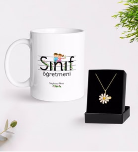 BK Gift Kişiye Özel Sınıf Öğretmeni Kupa Ve Papatya Kolye Hediye Seti-17 (Model 1)