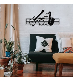 New Jargon - Çerçeve İçinde Jazz Music ve Piyano Gitar Davul Tasarım Metal Tablosu 70x32cm (Siyah)