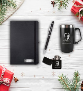 Kişiye Özel Yılbaşı Hediye Siyah Mug -Siyah Çakmak-Siyah Defter- Kalem Set
