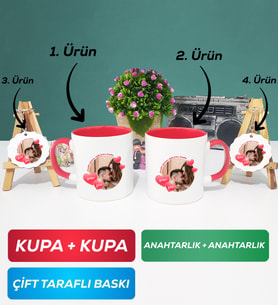 İkili Kırmızı Sevgiliye Sevgililer Günü Hediyesi 8 Kupa Bardak Anahtarlık