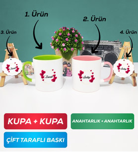 İkili Yeşil Pembe İsme Özel Sevgililer Günü Hediyesi Kupa Bardak Anahtarlık