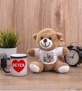Sevgiliye Hediye İsim Yazılı Kalpli Sihirli Kupa Bardak ve Peluş Ayıcık