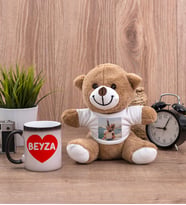 Sevgiliye Hediye İsim Yazılı Kalpli Sihirli Kupa Bardak ve Peluş Ayıcık