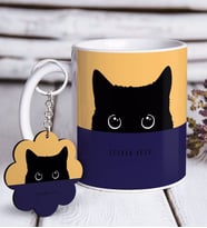 BK Gift Kişiye Özel Sevimli Kedi Beyaz Kupa ve Anahtarlık Hediye Seti-8 (Model 1)