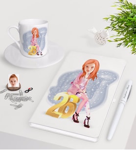 BK Gift Kişiye Özel Bayan Doğum Günü Karikatürlü Beyaz Defter Kalem Türk Kahvesi Fincanı Seti-10 (Model 1)