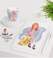 BK Gift Kişiye Özel Bayan Doğum Günü Karikatürlü Beyaz Defter Kalem Türk Kahvesi Fincanı Seti-10 (Model 1)