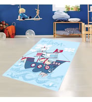 Korsan Denizci Gemi Desenli Dijital Baskı Yıkanabilir Kaymaz Taban Çocuk Odası Halısı (Mavi)