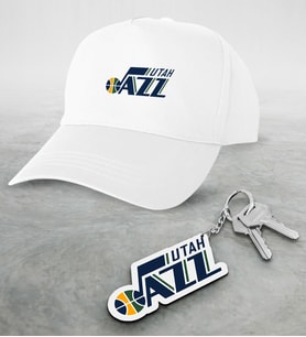 NBA Utah Jazz Beyaz Şapka ve Ahşap Anahtarlık Seti (Model 1)