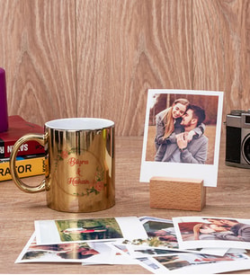 İki İsimli Çiftlere Özel Gold Kupa Bardak ve Ahşap Standlı Polaroid Set