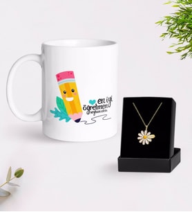 BK Gift Kişiye Özel En İyi Öğretmen Kupa Ve Papatya Kolye Hediye Seti-10 (Model 1)