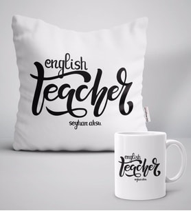 BK Gift Kişiye Özel İngilizce Öğretmeni Beyaz Yastık Kupa Seti-15 (Model 1)