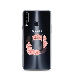 Pembe Çiçekli Harf Tasarım Süper Şeffaf Silikon Telefon Kılıfı Samsung A20s U-Ha