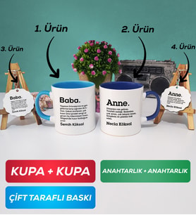 İkili Mavi Lacivert Kişiye Özel Baba ve Anne Kupa Bardak Anahtarlık Hediye Seti