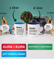 İkili Mavi Lacivert Kişiye Özel Baba ve Anne Kupa Bardak Anahtarlık Hediye Seti