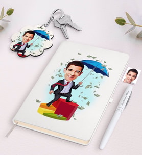 BK Gift Kişiye Özel Erkek Bankacı Karikatürlü Beyaz Defter Kalem ve Anahtarlık Hediye Seti-3 (Model 1)