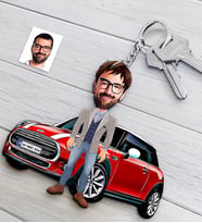 BK Gift Kişiye Özel Bay Mini Cooper Figürlü Plakalı Ahşap Karikatür Anahtarlık (Beyaz)