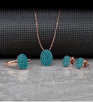 Gümüş Zirkon Taşlı " Oval " Tasarım Kolye-Küpe-Yüzük Set (Rose)