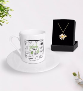 BK Gift Kişiye Özel Öğretmenler Gününüz Kutlu Olsun Türk Kahvesi Fincanı ve İsimli Papatya Kolye Hediye Seti-8 (Model 1)