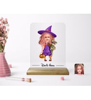 BK Gift Kişiye Özel Kız Çocuk Küçük Cadı Karikatürlü Ahşap Standlı Çerçeve (Beyaz)