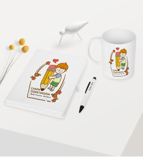 BK Gift Kişiye Özel Canım Öğretmenim Temalı Beyaz Defter Kalem Kupa Seti - 1