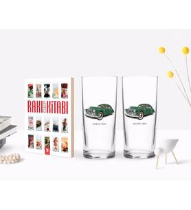 BK Gift Kişiye Özel Renkli Baskılı Retro Otomobil Tasarımlı İkili Rakı Bardağı ve Rakı Cep Kitabı Hediye Seti-3 (Model 1)