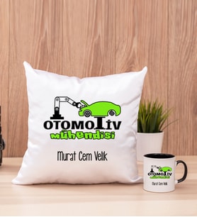 Otomotiv Mühendisi Kare Yastık ve Siyah Kupa Bardak