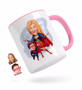 BK Gift Kişiye Özel Süper Anne ve Çocuk Karikatürlü Pembe Kupa Bardak