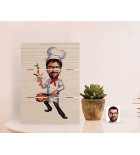 BK Gift Kişiye Özel Erkek Chef Karikatürlü Otantik Masaüstü Ahşap Palet Çerçeve-1 (Beyaz)